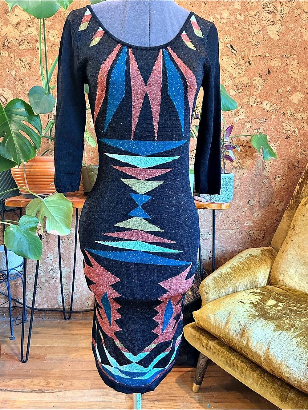 Stunning ✨Bar III Geometric Knit Midi Dress in Black & Blue Size✨ Small✨ Like Ne